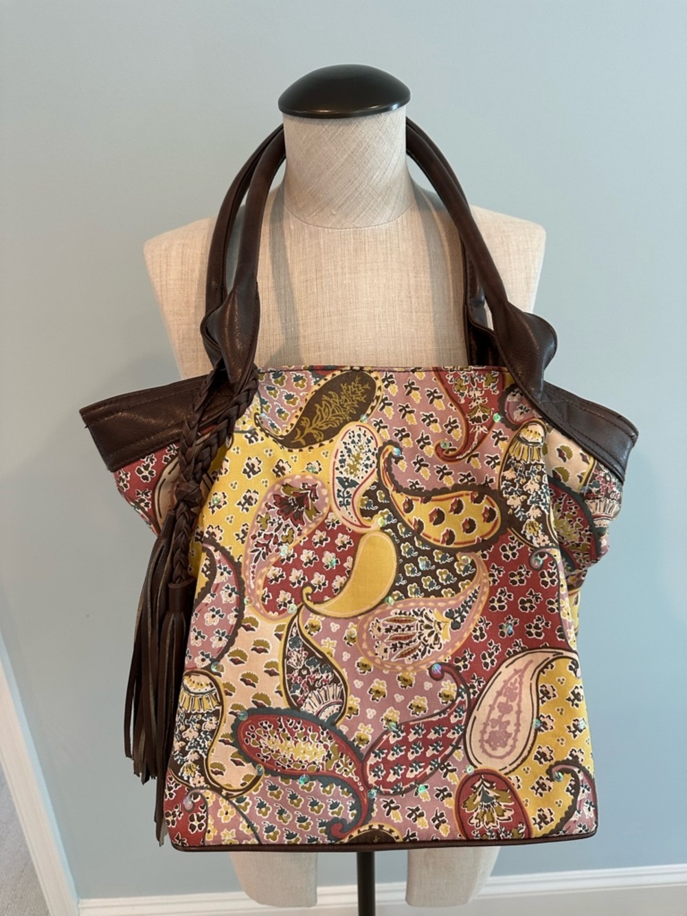 Bueno Paisley Canvas Shoulder Tote in Yellow, Pink and Brown - NWOT
